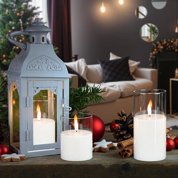 GenSwin Flameless Candles with Remote Timer, Clear LED Battery Operated Candles with Flickering Flame, Glass and Real Wax Pillar Candle Holiday Home Decor(Set of 3, D3”x4”5”6”)