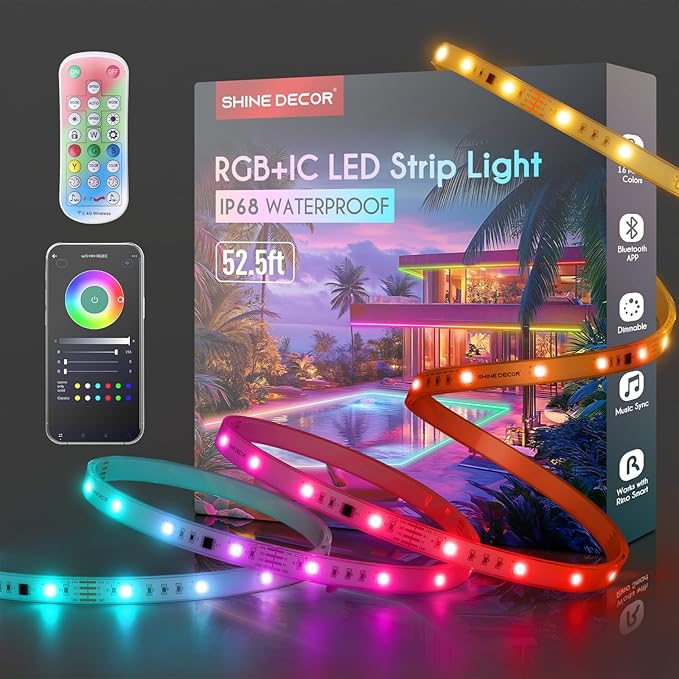 Shine Decor IP68 LED Strip Light 52.5 FT, DC 24V RGB+IC LED Strip Lights, Outdoor Rope Lights with Remote APP Control Music Sync, Color Chasing LED Lights Strip for Chrismas, Pool, Home Decor