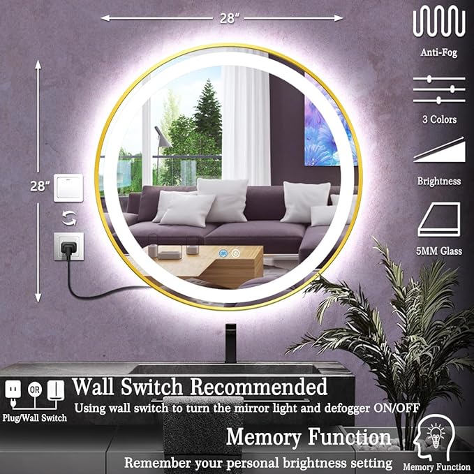 28 Inch Gold Round Vanity Mirror with Lights Gold Frame Circle Lighted Mirror for Bathroom Salon Wall 28" Golden Circle Round LED Light up Mirrors Smart Touch Memory 3 Color Dimmable AntiFog