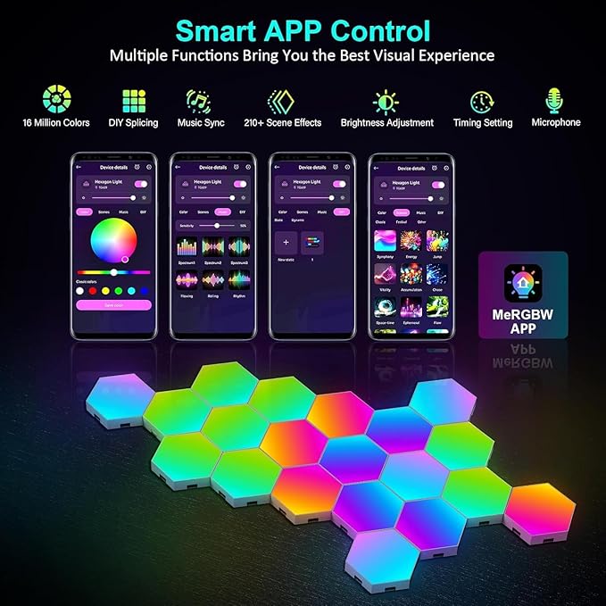 Hexagon LED Lights 20 Pack - RGB Wall Panels with Music Sync, Smart App & Remote Control, DIY Modular Hex Light for Gaming Room, Bedroom, Living Room, Wall Decor