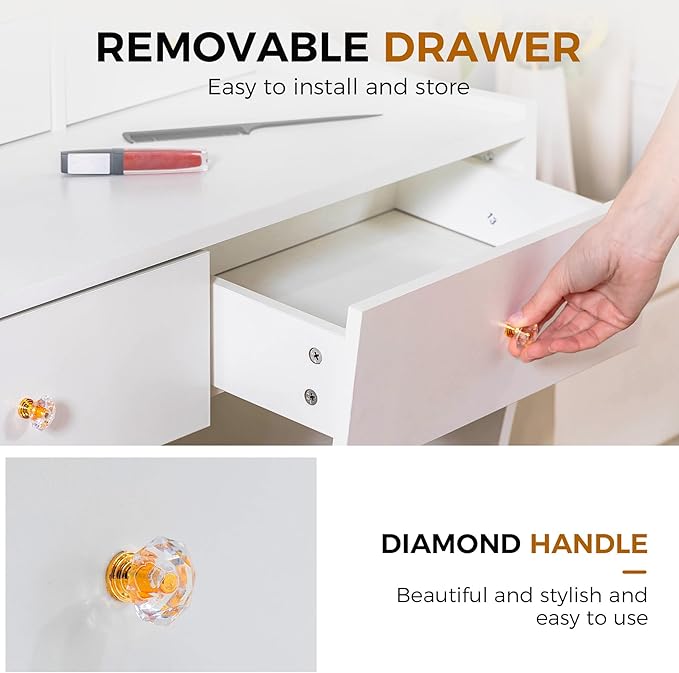 COMHOMA Makeup Vanity Desk with Mirror and Lights, Vanity Table and Chair Set with 5 Drawers and Charging Station, Bedroom Dresser LED Mirror Stepless Dimmable & 3 Color Modes Adjustable, Pearl White