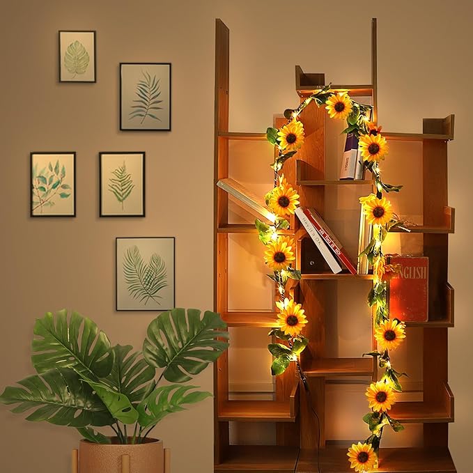 GOESWELL Artificial Sunflower Garland with String Light: 7.2ft Fake SilkFlowers Vines with Green Leaves and Remote Control -Hanging Garland Decor for Wall Party Wedding Table CenterPieces Decoration