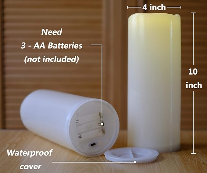 NONNO&ZGF 4X10'' Large Outdoor IP44 Warm White LED Rainproof Waterproof Candles, Huge Flameless Battery LED Pillar Candle with Remote and Timer, Resin, No Melt, 2 Pack