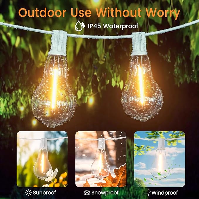 String Lights, 100FT Patio Lights with 64+5 Bulbs(1.5FT Bulbs Spacing), Outdoor String Lights, Remote & Dimmer, 3 Mode Light & Timing, 65PC Mounting Ties for Outside, 2200K (White)