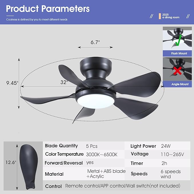 32 Inch Modern Ceiling Fans with Lights, Small Flush Mount Ceiling Fan with Light and Remote/APP Control, 5 Reversible 6 Speeds Curved Blades, 3 CCT Dimmable Lights for Bedroom, Black