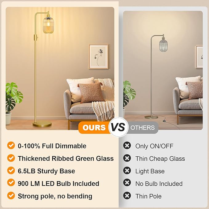 【Upgraded】 Dimmable Glass Floor Lamp for Living Room, Modern Gold Standing Lamp with Amber Ribbed Glass Lampshade & Knob Dimmer, Arc Tall Lamp for Bedroom Office Reading Room, 2700K Led Bulb Included