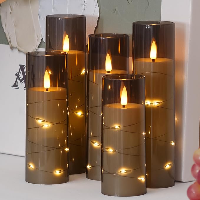 Flameless Flickering 2.2" x5" 6" 7" 8" 8" Candles, LED Battery Operated Grey Clear Plastic Timer Pillar Realistic Wick Candles (Long Lasting 600 Hrs, Pack of 5)