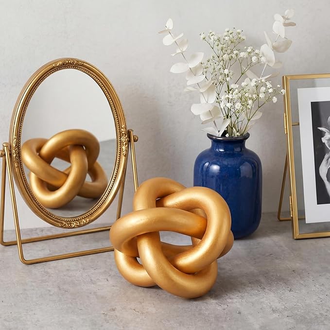3 Link Wood Knot Decor Rustic Home Décor Accents Hand Carved Coffee Table Decoration, Boho Chain Link Decoration, Modern Shelf, Rustic Objects for Home Living Room Bedroom(Gold)