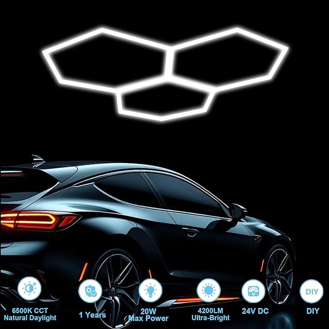 Dimmable Garage Hexagon Lights, 45W 6500K 24V Dimmable Higher Brightness Hex Garage Lights, Plug and Play for Warehouse Workshop Gym Basement Car Care Wash Room （with Remote Control）
