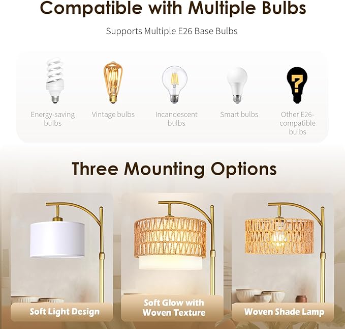 Rustic Woven Rattan Floor Lamp – Golden Finish, Arc Design, 12W LED (1 in use + 1 Spare), Remote & Dimmable 3-Color Temperature, Tall Standing Lamp for Living Room, Bedroom & Reading Corner