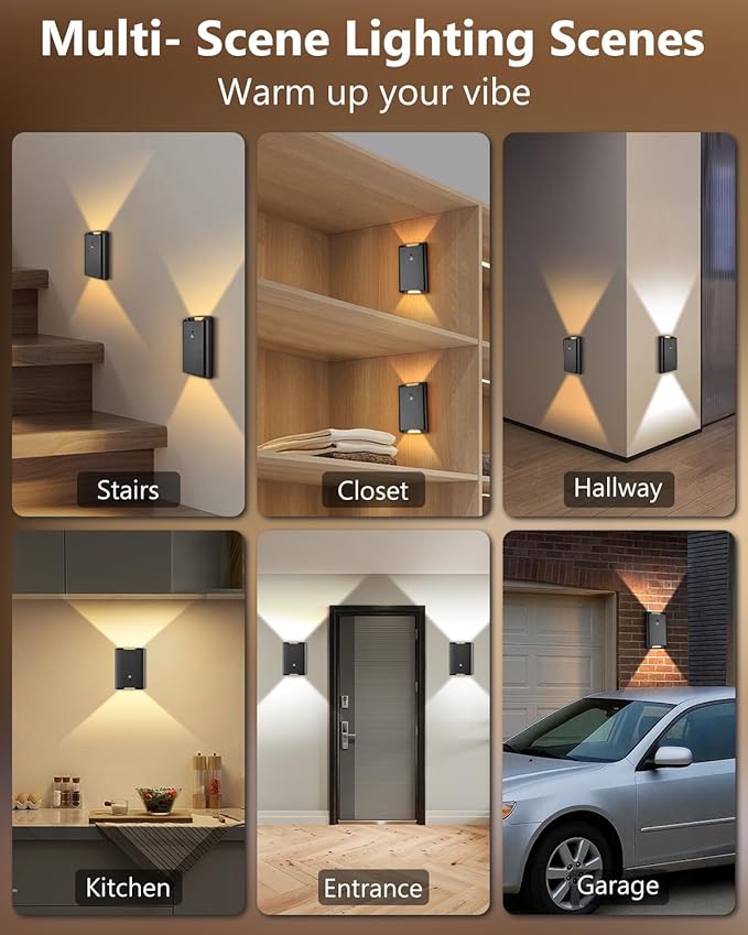 Battery Operated Motion Sensor Wall Sconce Set of 2 – 5000mAh Wireless Rechargeable Wall Lamp Indoor, 3 Colors Up/Down Lighting Magnetic Hallway Light with Remote for Bedroom, Living Room (Black)