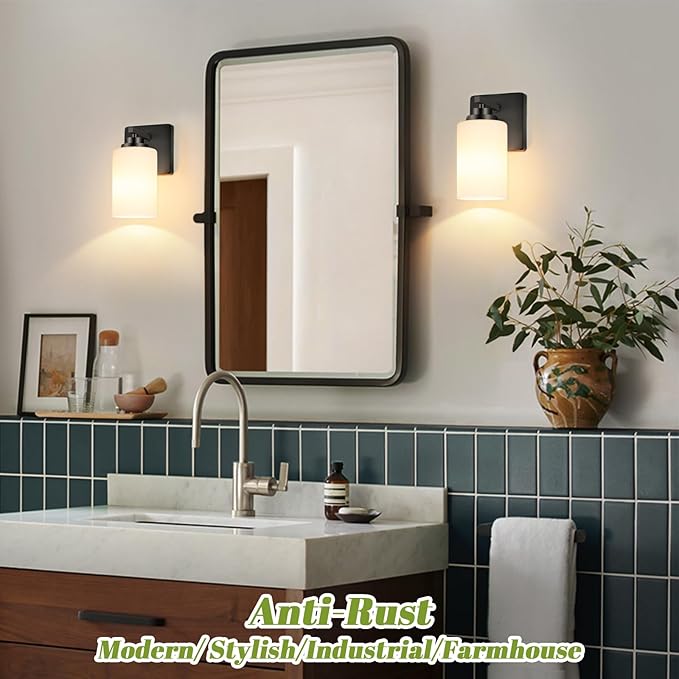 Set of 2 Wall Sconces for Bathroom, Modern Vanity Light Fixtures, Matte Black Wall Mount Lighting Lanterns, Farmhouse Wall Lights with White Glass Shade for Bedroom Living Room Mirror Hallway Kitchen