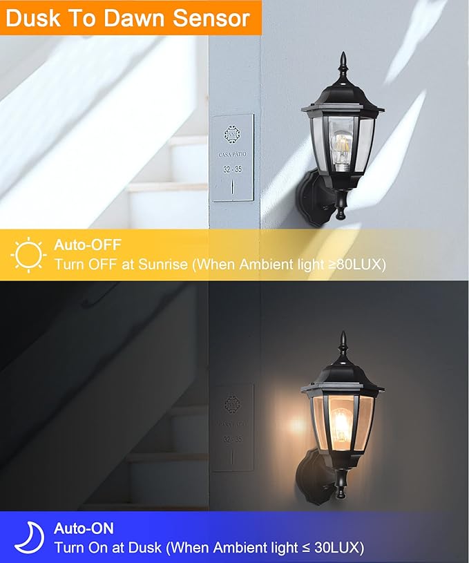 FUDESY Outdoor Wall Light Dusk to Dawn, Porch Sensor Light Black Plastic Anti-Corrosion with LED Edison Filament Bulb, Exterior Mount Lantern for House, Garage (1-Pack), FDS2542PS-B