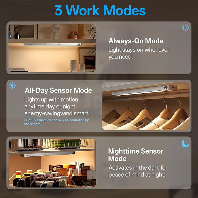 14.2inch Under Cabinet Lighting Wireless,Rechargeable Motion Sensor Light Indoor,3 Colors Dimmable,Magnetic Closet Lights with Remote,Under Counter Lights for Kitchen,Silver 2Pack