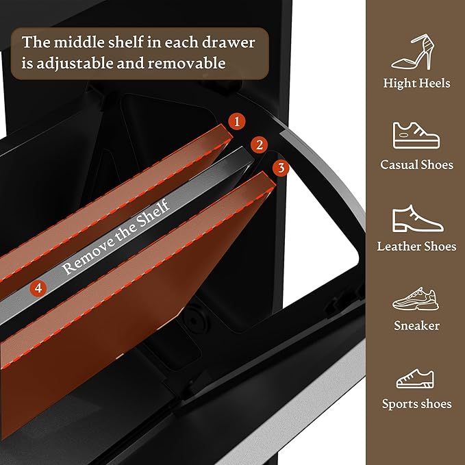 Shoe Cabinet for Entryway, Farmhouse Shoe Storage Cabinet with 6 Flip Drawers and 2 Top Drawers, Tall Narrow Shoe Organizer Cabinet with Adjustable Shelves, Side Hooks and Anti-Tip Kit