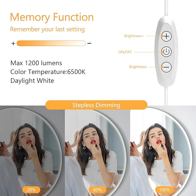 Flexible Vanity Light Strip LED Vanity Lights for Mirror Dimmable Mirror Lights for Makeup Cuttable 6.5ft Makeup Light Strip 6500K Daylight for Dressing Table, Bathroom Mirror, and DIY Mirror