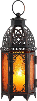 DECORKEY Moroccan Lanterns Decorative Indoor & Outdoor, 11’’ Medium Size Vintage Metal Hanging&Tabletop Candle Holder Decor, Halloween Christmas Ramadan Decorations for Home Porch Patio (Amber)
