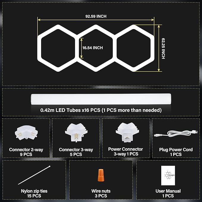 ALLYES LED Hexagon Garage Light, Honeycomb LED Ceiling Lights, 15360LM 5000K 128W, DIY Splicing Hex Ceiling Wall Decor Lights, for Workshop Basement Gym Warehouse Bar Barbershop