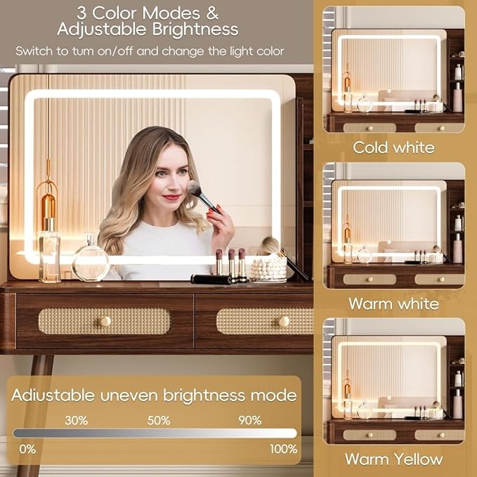 Vanity Desk with Mirror and Lights,Makeup Vanity with 2 USB Power Strip,3 Lighting Modes Adjustable Brightness, Foldable Three-Sided Mirror (ALIQWERY-007)