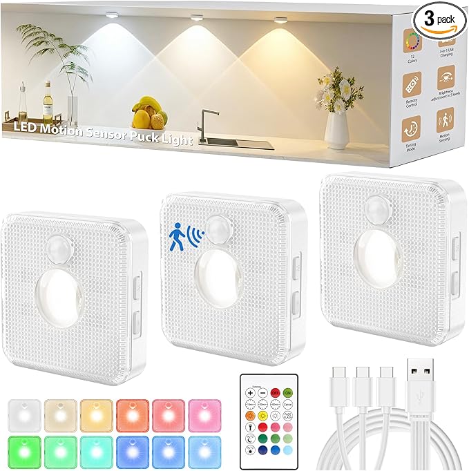 GBEAST 3 Pack Under Cabinet Lighting, Rechargeable Motion Sensor Puck Lights with Remote Control, 3 Color Temps & 9 RGB Colors, Magnetic Stick on Dimmable LED Closet Light for Kitchen Shelf Bedroom