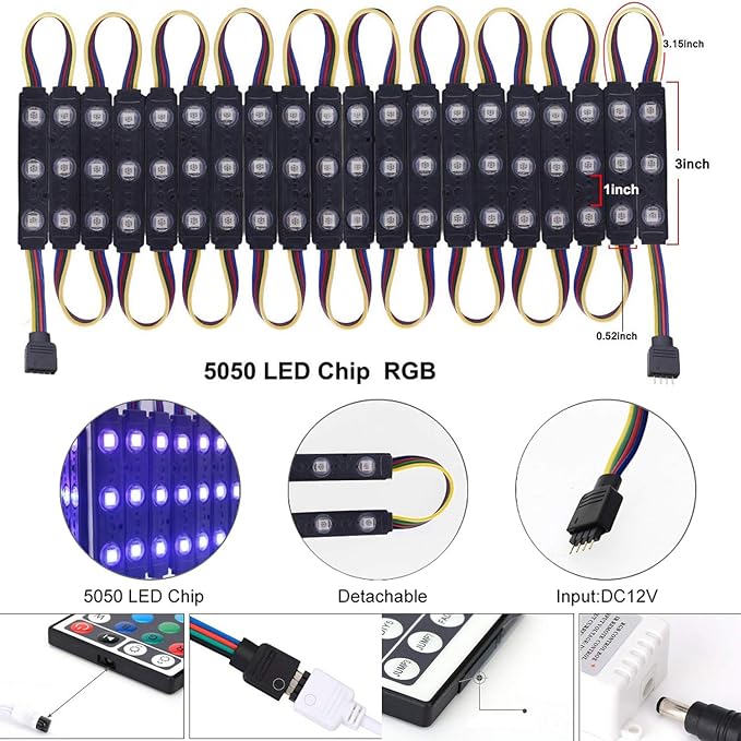 Module 100FT LED Strip Lights, Waterproof RGB 5050 Color Changing Kit with 44 Key IR Remote and 12V Power Supply, Smart Memory Function for Bedroom, Party, Storefront Advertising Signs Decoration