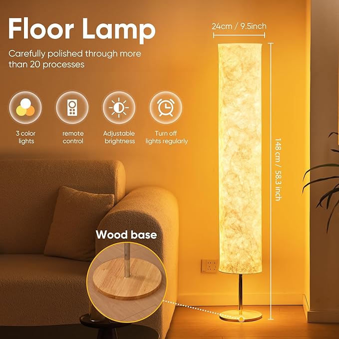 58" Modern Floor Lamp with Tyvek Fabric Shade 3000K Warm White LED Slim Standing Light,Column Cylinder Paper Lantern Floor lamp for Living Room, Bedroom, Game Room