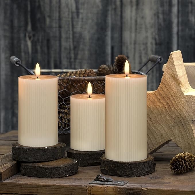 Eldnacele Vertical Stripe Pillar Flameless Candles with 6 Hours Timer, Battery Operated 3D Wick Flickering Warm Lights Real Wax Gray LED Candles Dinner Indoor Holiday Christmas Decor(3Pcs,3"×5"/6"/7")