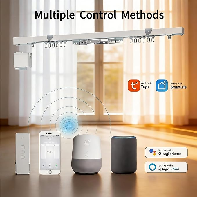 Smart Curtain Track System with Mini Zigbee Motor, Automatic Ceiling Curtain Opener, Motorized Curtains Rod 204.7''(5.2m) with App, Voice, Remote Control, Compatible with Alexa, Google and Siri