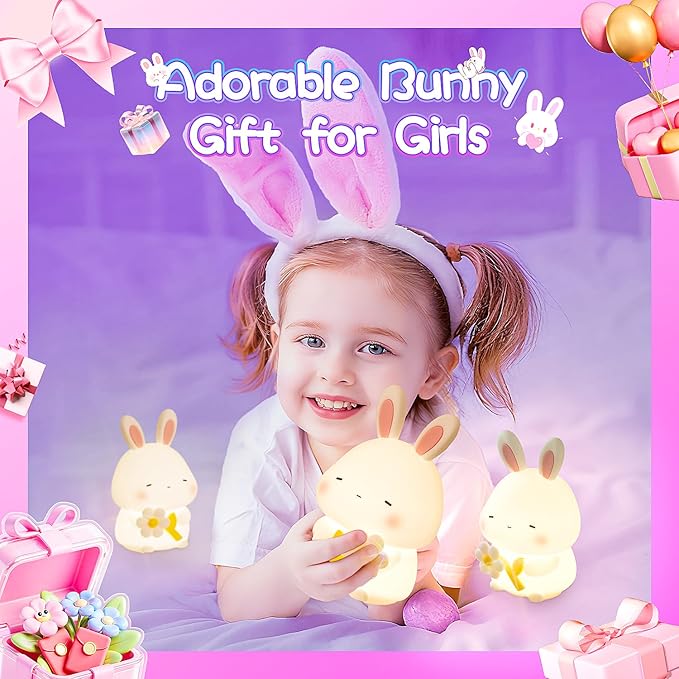 Cute Bunny Night Light for Kids, 7 Colors Squishy Silicone Touch Lamps, 3 Level Dimmable Rabbit Nursery Nightlight, 1200mAh Rechargeable Easter Gifts for Baby Toddler Girls Boys Room Decor