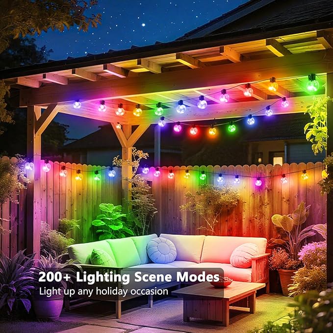 Outdoor String Lights, 25ft 20 G40 Bulbs LED Color Changing Hanging Lights Dimmable with 220+ Scene Modes, App Control, IP65 Waterproof Globe Bulb for Indoor Patio Backyard Balcony Decor