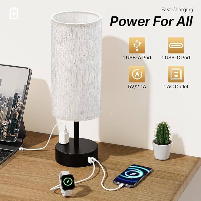 KPQ Small Bedside Lamp Touch Control Table Lamp with USB A+C Charging Ports & AC Outlet 3-Way Dimmable Nightstand Lamp with Linen Fabric Shade for Bedroom Living Room