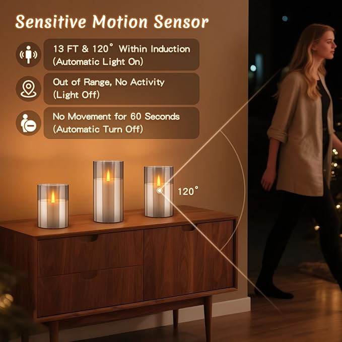 3PC Radar Motion Sensor Rechargeable Led Candles, Flameless Flickering Candle with Remote & Timer, Real Wax in Glass with Flickering Warm Light for Festival, Bedroom, christmas and party Decor-Gray
