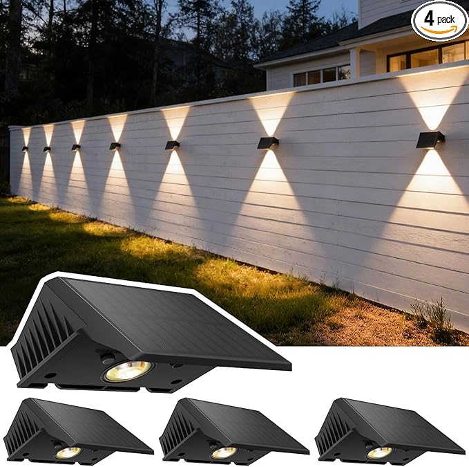 Solar Fence Lights Outdoor, 4-Pack Fence Lights Solar Powered with Up/Down Buttons, IP67 Waterproof for Outside, 120LM Auto Dusk to Dawn for Wall/Patio/Yard/Railing/Deck/Pathway (Warm White)