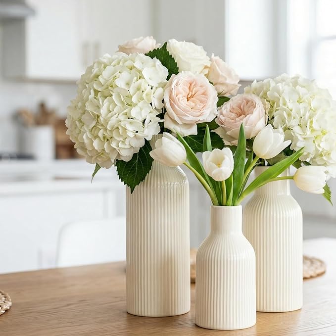 3-Piece Glossy Beige Ceramic Vase Set with Vertical Lines, Minimalist Solid Color Design, Decorative Vases for Shelf, Mantel & Tabletop, Assorted Sizes (9.8"/7.8"/5.9" H)