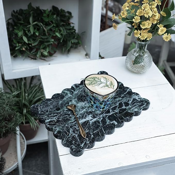 Real Luxurious Natural Scalloped Marble Tray - 10.8"x8" Verde Green Marble Vanity Tray for Bathroom Kitchen Counter - Catch All Tray for Nightstand and Home Décor