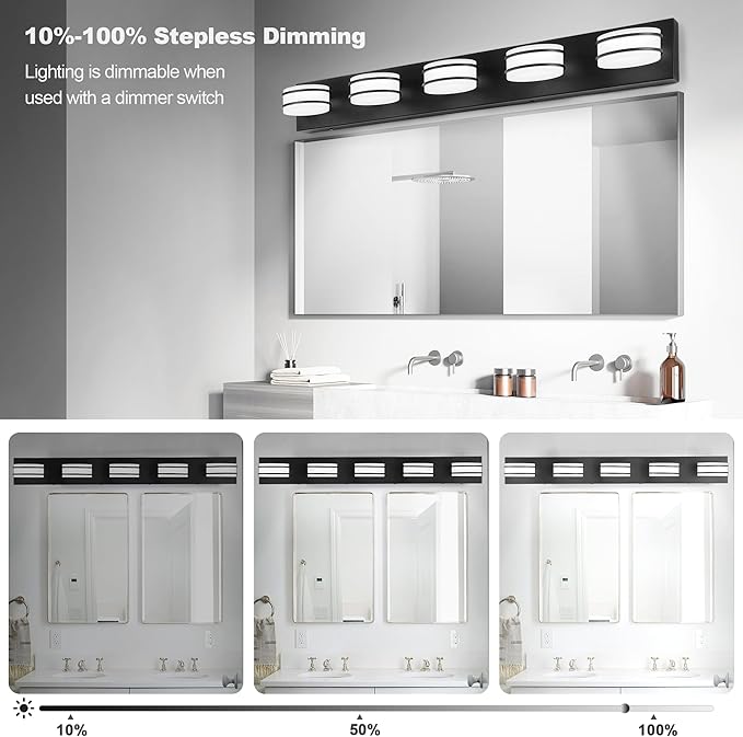 3 Color Temperature Dimmable Bathroom Light Fixtures Over Mirror, LED Black 5 Light Vanity Lighting Fixtures, Acrylic Stainless Steel Oval Shade Vanity Lights for Bathroom, ETL Certificated