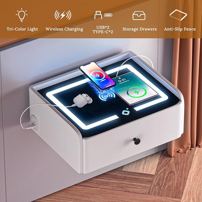 HOMEMORE Floating Nightstand with Charging Station Bedside Table LED Smart Bedside Table Wall Mounted Nightstand White