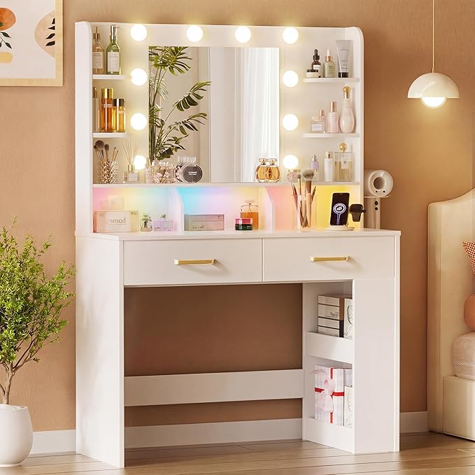 COMHOMA Vanity Desk with Lighted Mirror and Power Outlet, RGB LED Lights Makeup Vanity Set for Girls, Large Storage Capacity Dressing Table for Bedroom, 3 Lighting Modes Adjustable Brightness, White