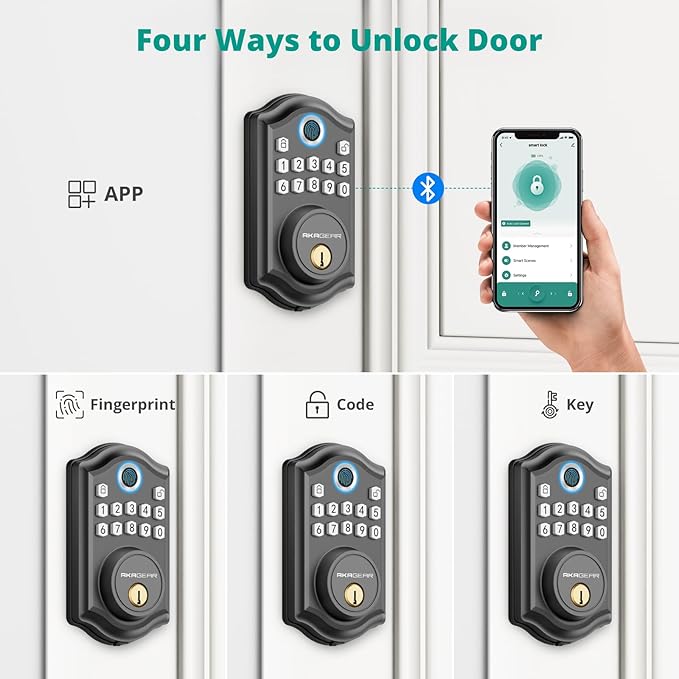 DS10 Pro Keyless Entry Door Lock with Handle Set, Smart Front Door Locks Set, Electronic Keypad, Fingerprint Deadbolt, Bluetooth APP Control, Auto-Lock & One Touch Locking, Matte Black