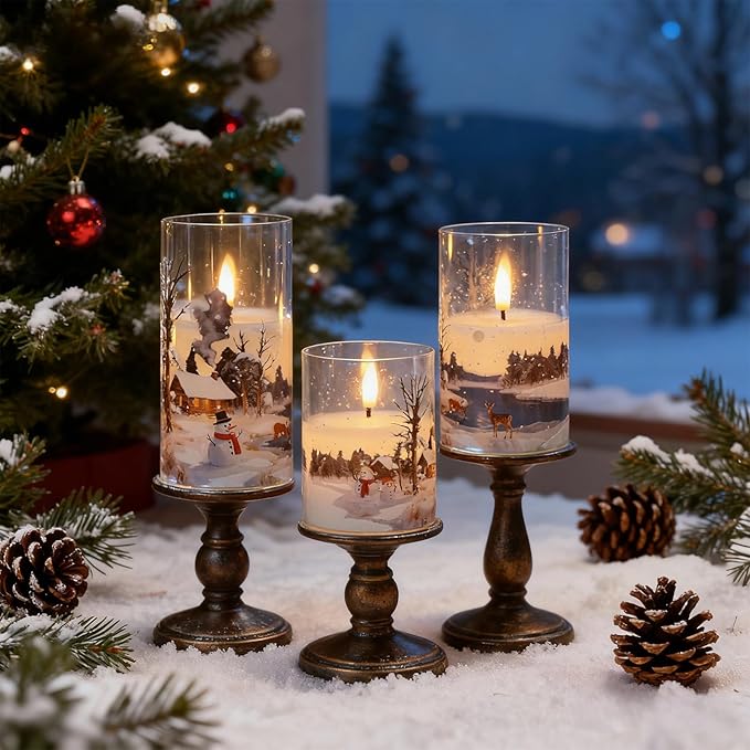 Wondise Chrismtas Snowman Glass Flameless Candles with Remote Timer, Battery Operated Real Wax 3D Wick LED Flickering Pillar Candles for Christmas Decoration Thanksgiving Holiday Gift