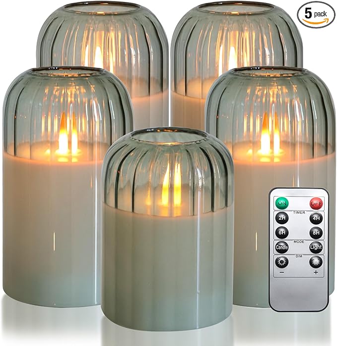 Green Flameless Battery Operated Candles with Remote, Set of 5 Glass Jar LED Candles with Dancing Flame, Flickering Electric Candlelight for Home Wedding Party Decor H4”5”5”6" 6”