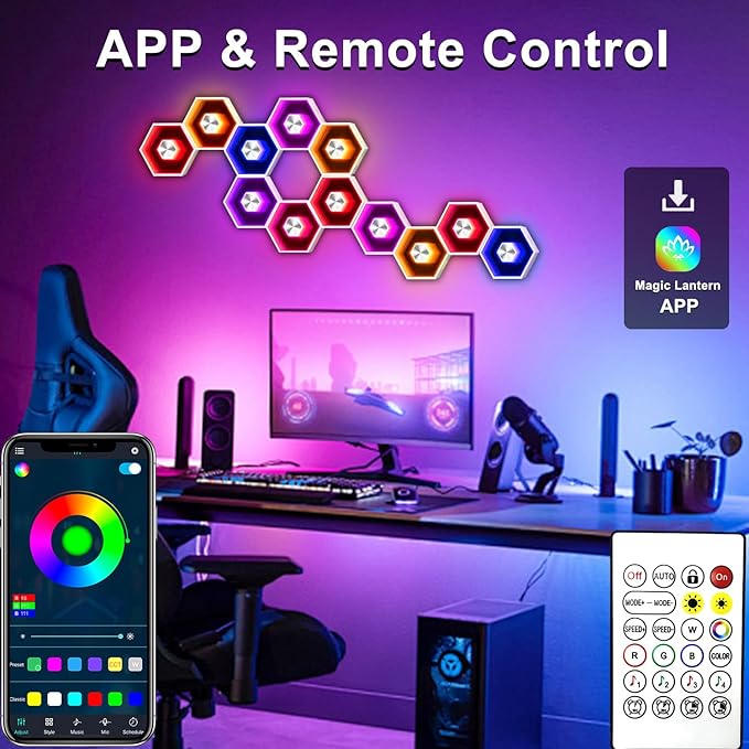 Hexagon LED Lights - 12 Pack Smart APP RGBW Gaming LED Light with Remote Control & Music Sync Honeycomb Shape Hexagon Wall Lights for Bedroom, Living Room Wall, Gaming Decor