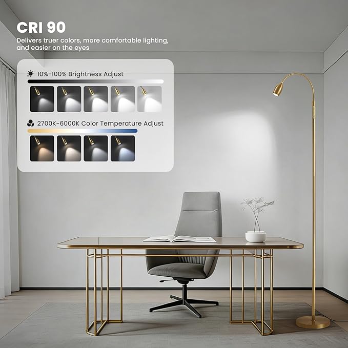Reading Floor Lamp, Dimmable LED Floor Lamp with Remote, Standing Lamp with Flexible Gooseneck, Zoomable Spotlight, Reading light, Task Crafting Tall Lamps for Living Room Office Bedroom(Gold)