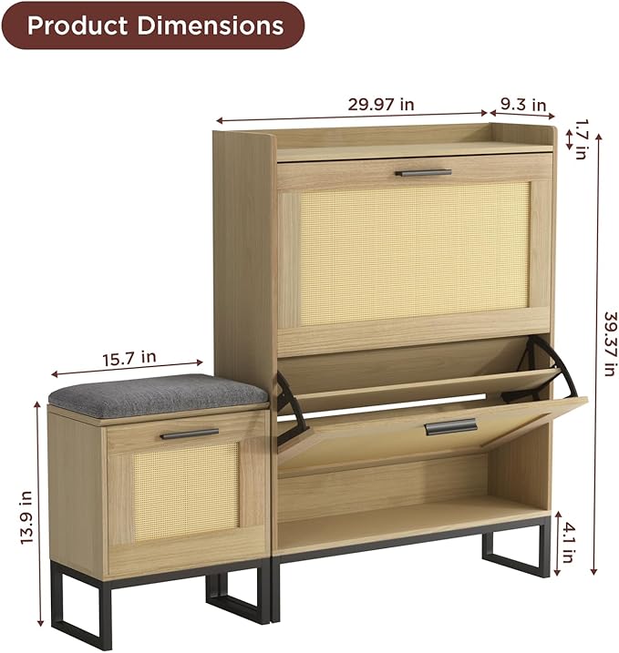 Maupvit Shoe Storage Cabinet with Bench,Rattan Entryway Shoe Storage Bench with 2 Flip Drawers and Hanging Hooks,Narrow Slim Shoe Cabinet for Entryway,Living Room,Hallway,Natural Oak