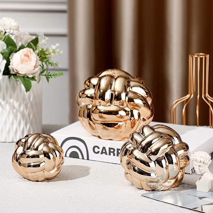 Wenqik Gold 3 Pcs Knot Decor, Chain Link Coffee Table Bookshelf Decor Accents, Entry Table Ceramic Aesthetic Minimalist Decorative Objects for Modern Home Living Room Decoration 3 Sizes