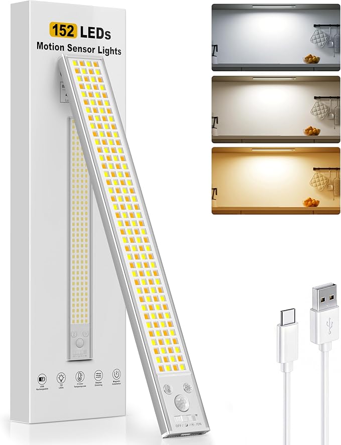 12inch Under Cabinet Lighting Wireless, 152LED Motion Sensor Light Indoor, Rechargeable Closet Lights, 3 Color Temps & Dimmable, Stick On Under Counter Lights for Kitchen, Pantry, 1 Pack