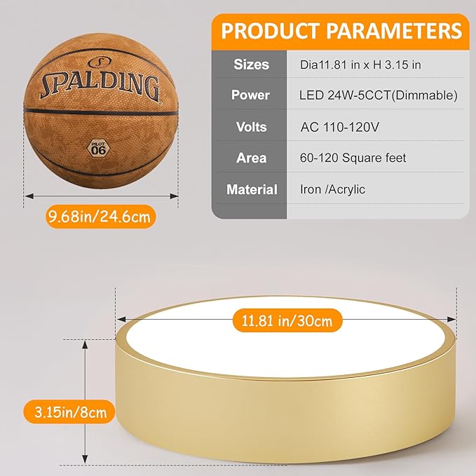 Dimmable LED Ceiling Light, 5CCT Modern Round Close to Ceiling Lighting Fixtures, Minimalist Gold Ceiling Lamp for Bedroom, Hallway, Laundry Room,11.8 inch