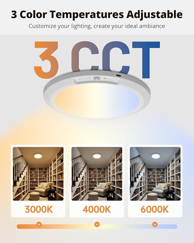 wowatt 10000mAh Rechargeable Ceiling Light with Remote, 3 Color Temperatures & Brightness Dimmable, Wireless Ceiling Light with Magnetic Design, Battery Ceiling Light for Shower Hallway Pantry