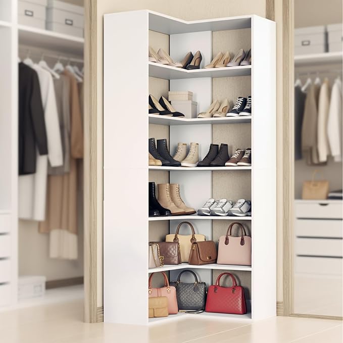 Anystyle 71 Inch Large Corner Shoe Rack for 40+ Pairs, 6-Tier L-Shaped Shoe Storage Cabinet Organizer, Freestanding Wooden Shoe Shelf for Closet, Entryway, Hallway, White