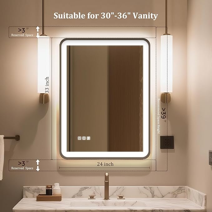 24"X32" LED Bathroom Mirror with Lights, Mirror for Bathroom Wall with Frontlit and Backlit,IP54 Enhanced Anti-Fog,Bathroom Vanity Mirror 3 Colors Dimmable CRI>90 Double Lights,Tempered Glass(R-Angle)